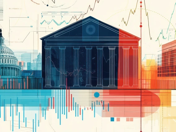An abstract illustration combining U.S. government buildings, financial charts, and data visualizations, symbolizing the intersection of government institutions, policy, and economic trends