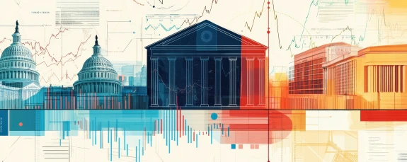 An abstract illustration combining U.S. government buildings, financial charts, and data visualizations, symbolizing the intersection of government institutions, policy, and economic trends