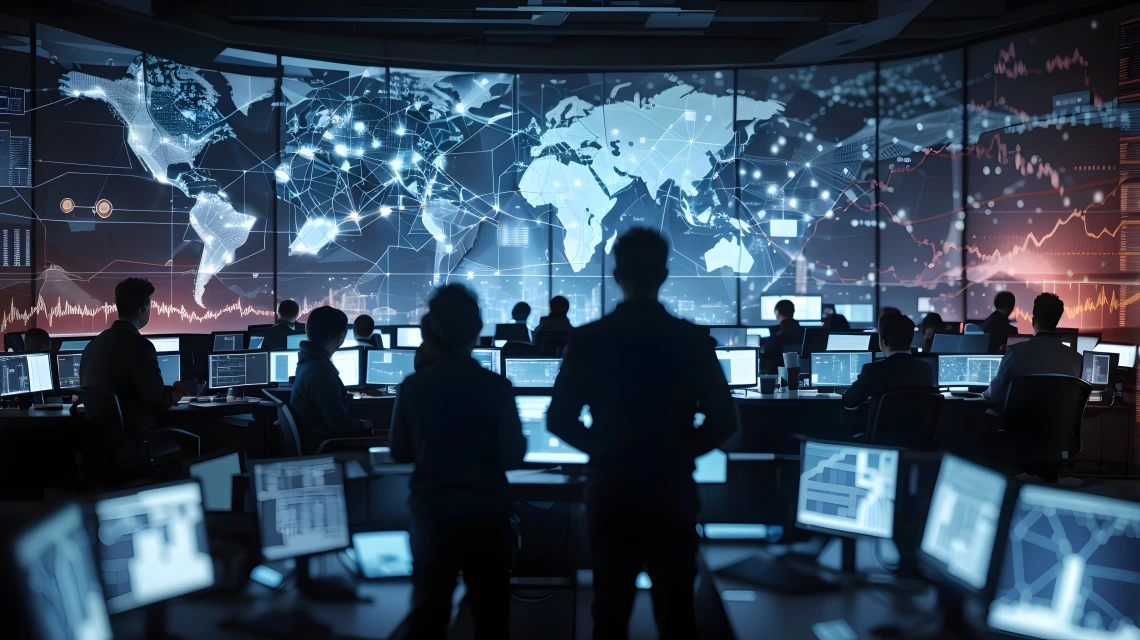 People looking at world map on large computer screen