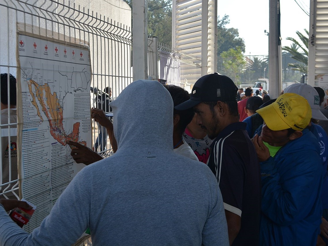 Migrants looking at map