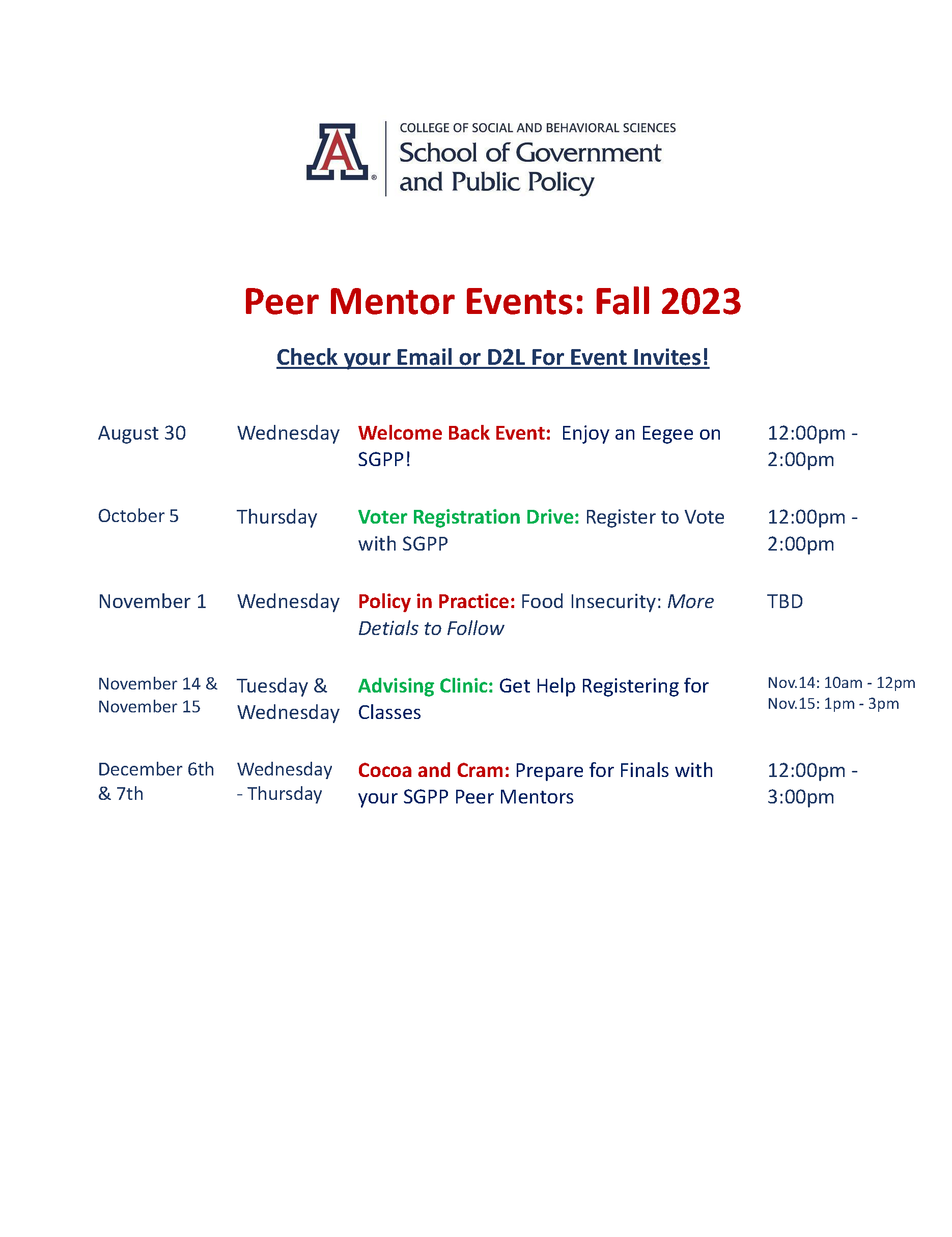 Schedule of Peer Mentor Events